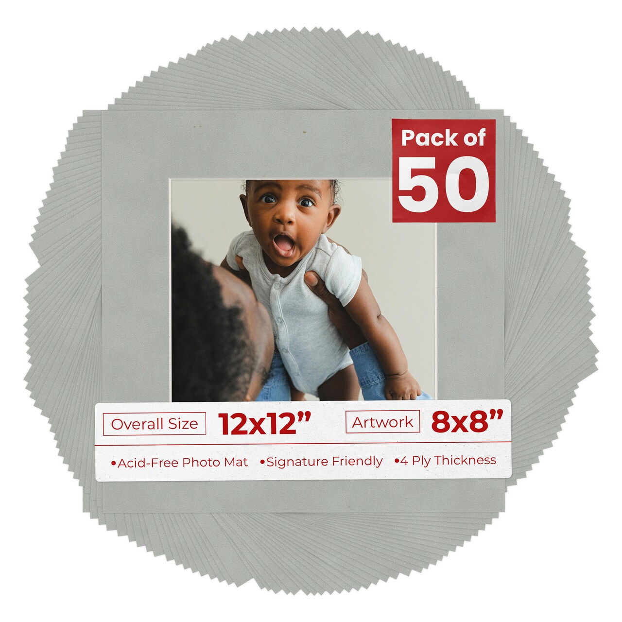 Light Grey Suede Mat Board for 12x12 Frames - Fits 8x8 Photos